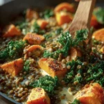 One Pan Creamy Lentils, Japanese Sweet Potatoes, + Kale First Image