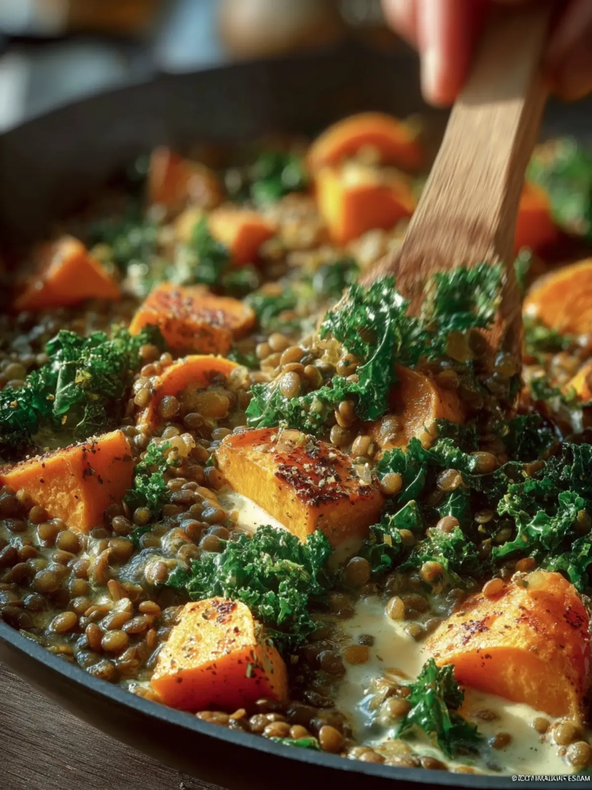 One Pan Creamy Lentils, Japanese Sweet Potatoes, + Kale First Image