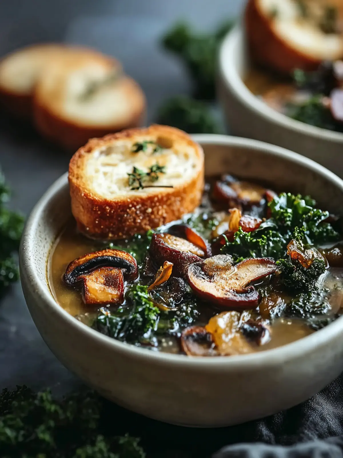 The Ultimate Warming Wild Mushroom Caramelized Onion Kale Soup First Image